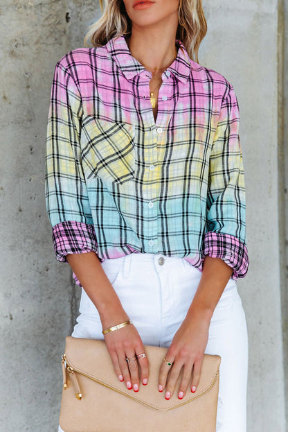 Multicolor Plaid Print Tie Dye Button Up Shirt