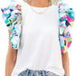 White Abstract Print Puff Sleeve Textured Top