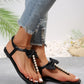 Black Cute Bowknot Pearl Embellished T Strap Sandals