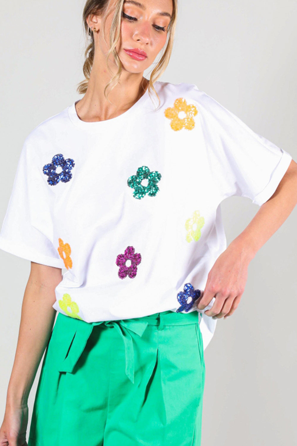 White Sequin Flower Patch Graphic Round Neck T Shirt