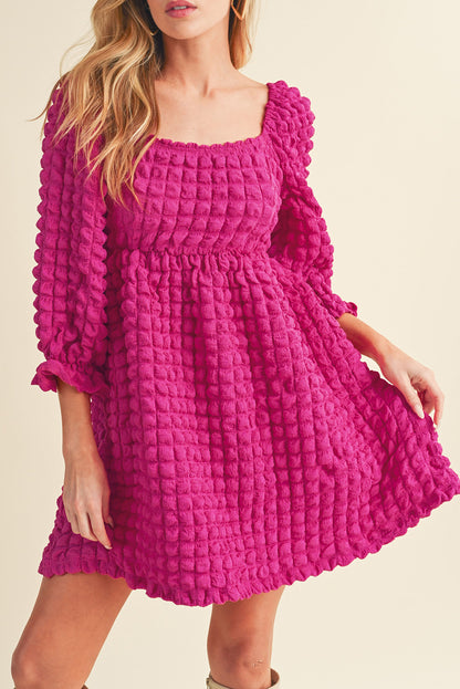 Strawberry Pink Bubble Textured Square Neck Babydoll Dress