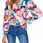 Multicolor Abstract Print Frill Tie V Neck Peasant Blouse