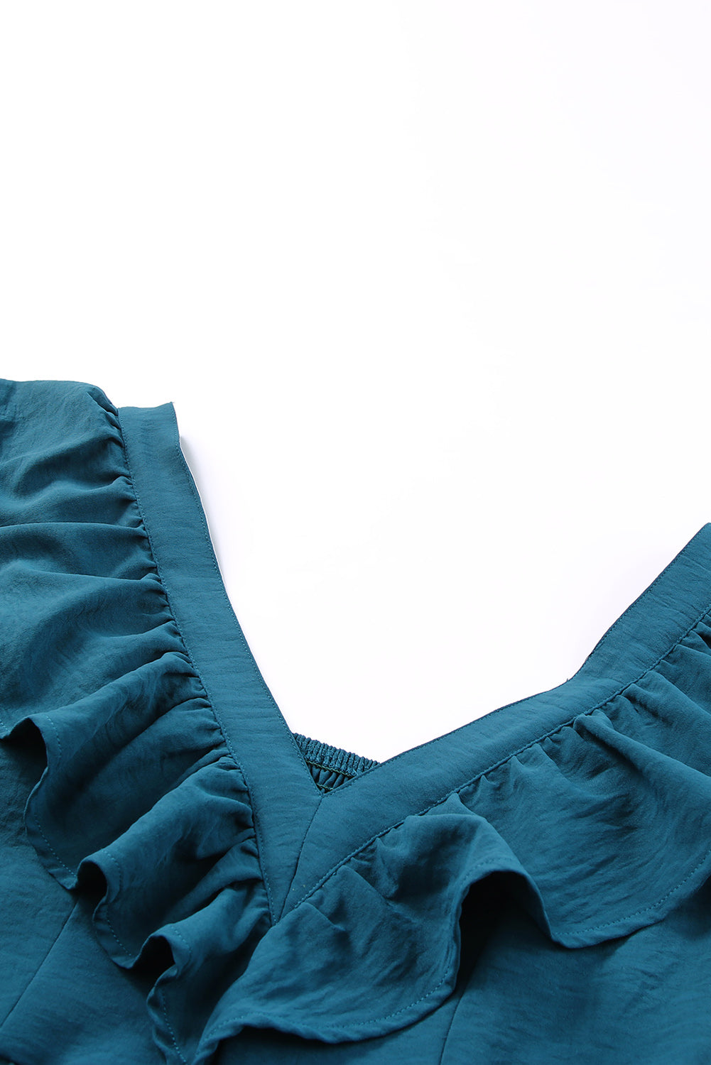 Blue Ruffle Trim V Neck Casual Smocked Back Mini Dress