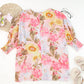 Pink Shirred Cuffs 3/4 Sleeve Loose Fit Floral Blouse
