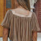 Taupe Pleated Lantern Sleeve Square Neck Blouse