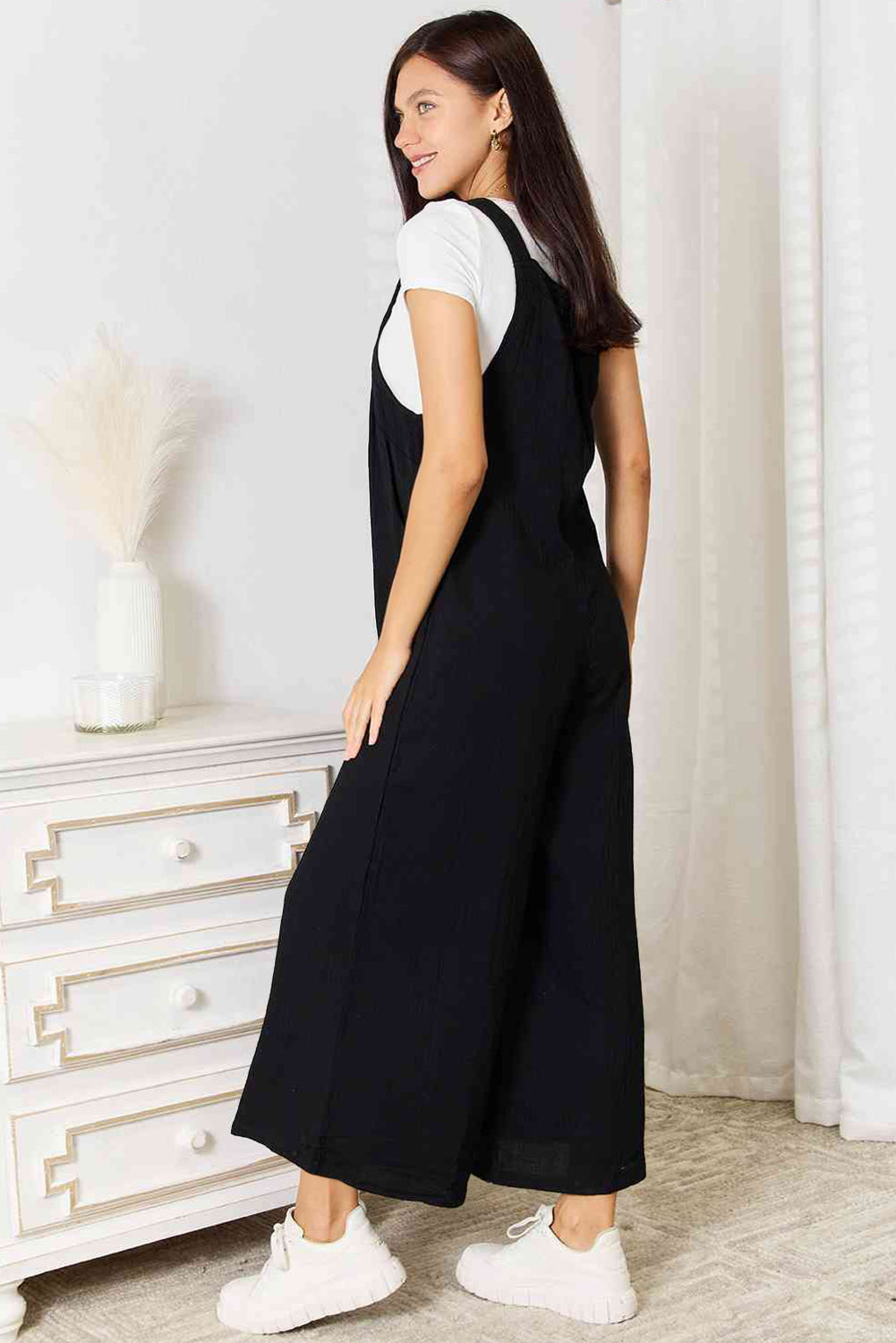 Black Buttoned Straps Crinkle Wide Leg Pocketed Overalls