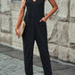 Black Textured Sleeveless V-Neck Pocketed Casual Jumpsuit