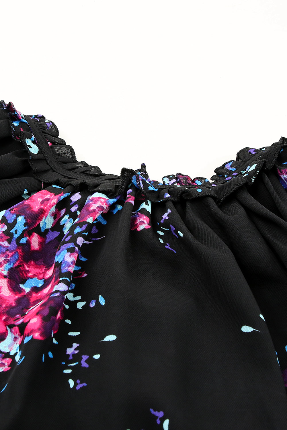 Black Casual Butterfly Sleeves Split V Neck Tie-dye Print Blouse