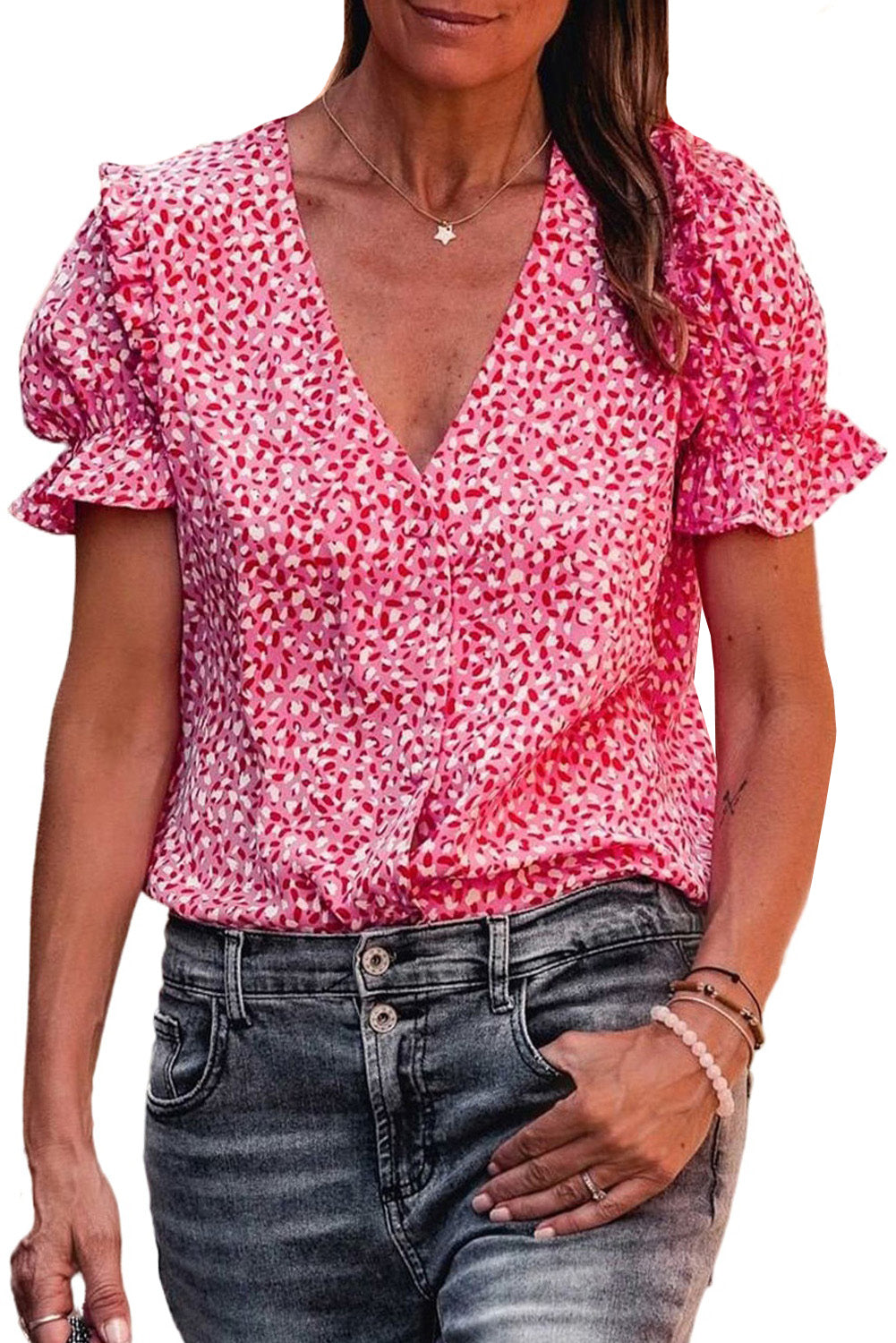 Pink Abstract Print Casual V Neck Ruffle Sleeve Blouse