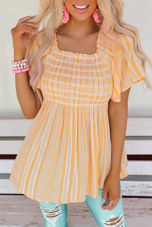 Yellow Striped Print Smocked Flowy Short Sleeve Blouse