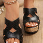 Black Hollowed PU Leather Rivet Wedge Sandals