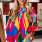 Multicolor Abstract Print Smocked Cuffs 3/4 Sleeve Blouse