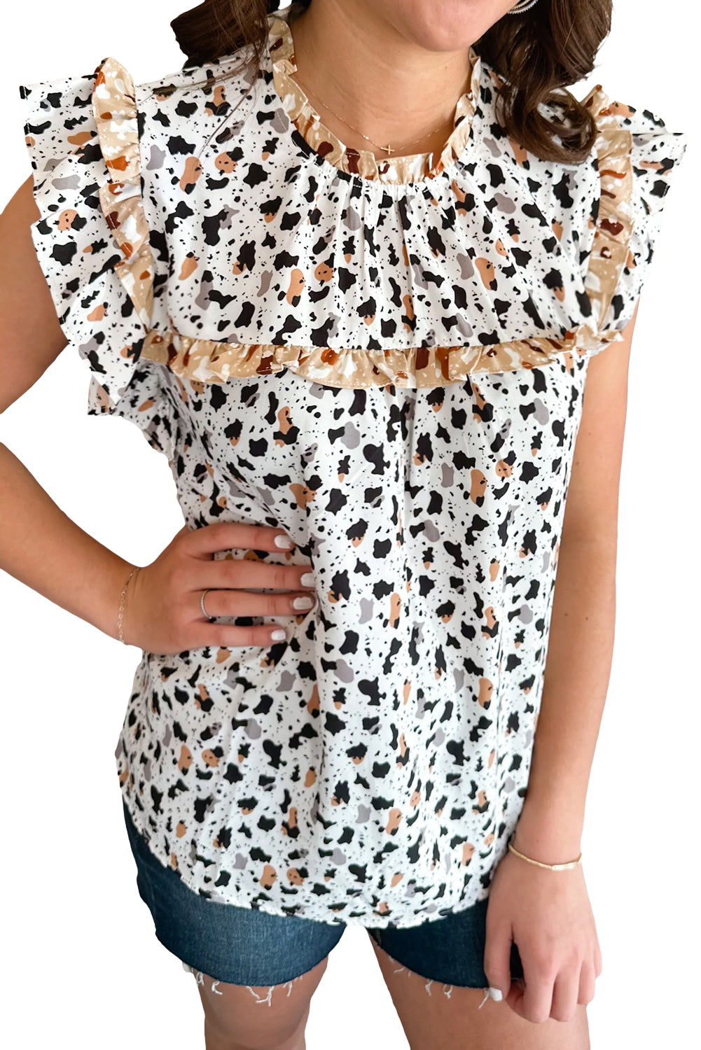White Leopard Print Frilled Neck Ruffle Blouse