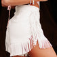 White Fringe Trim Fit Flare Shorts