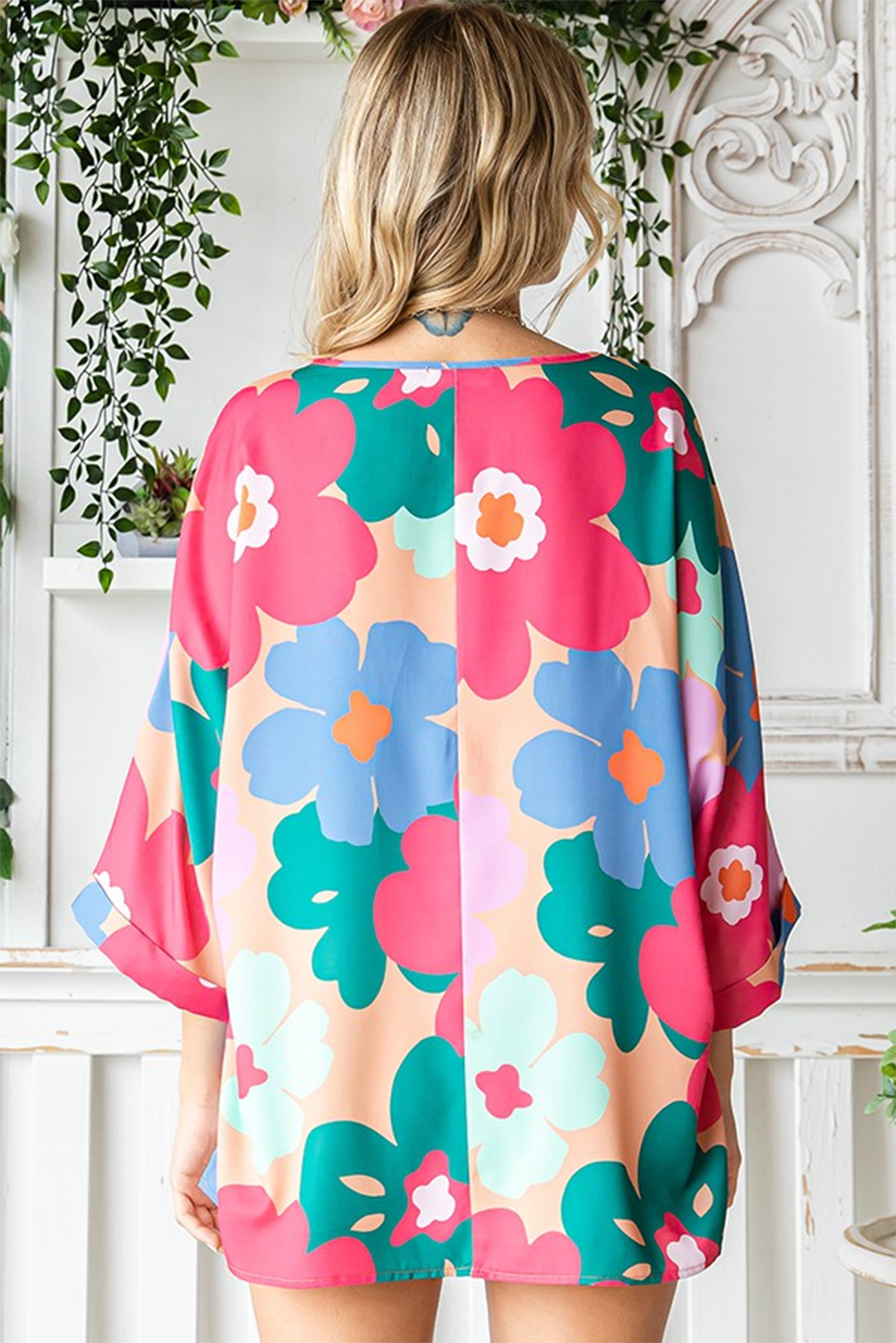 Pink Boho Floral Print Bell Sleeve Blouse