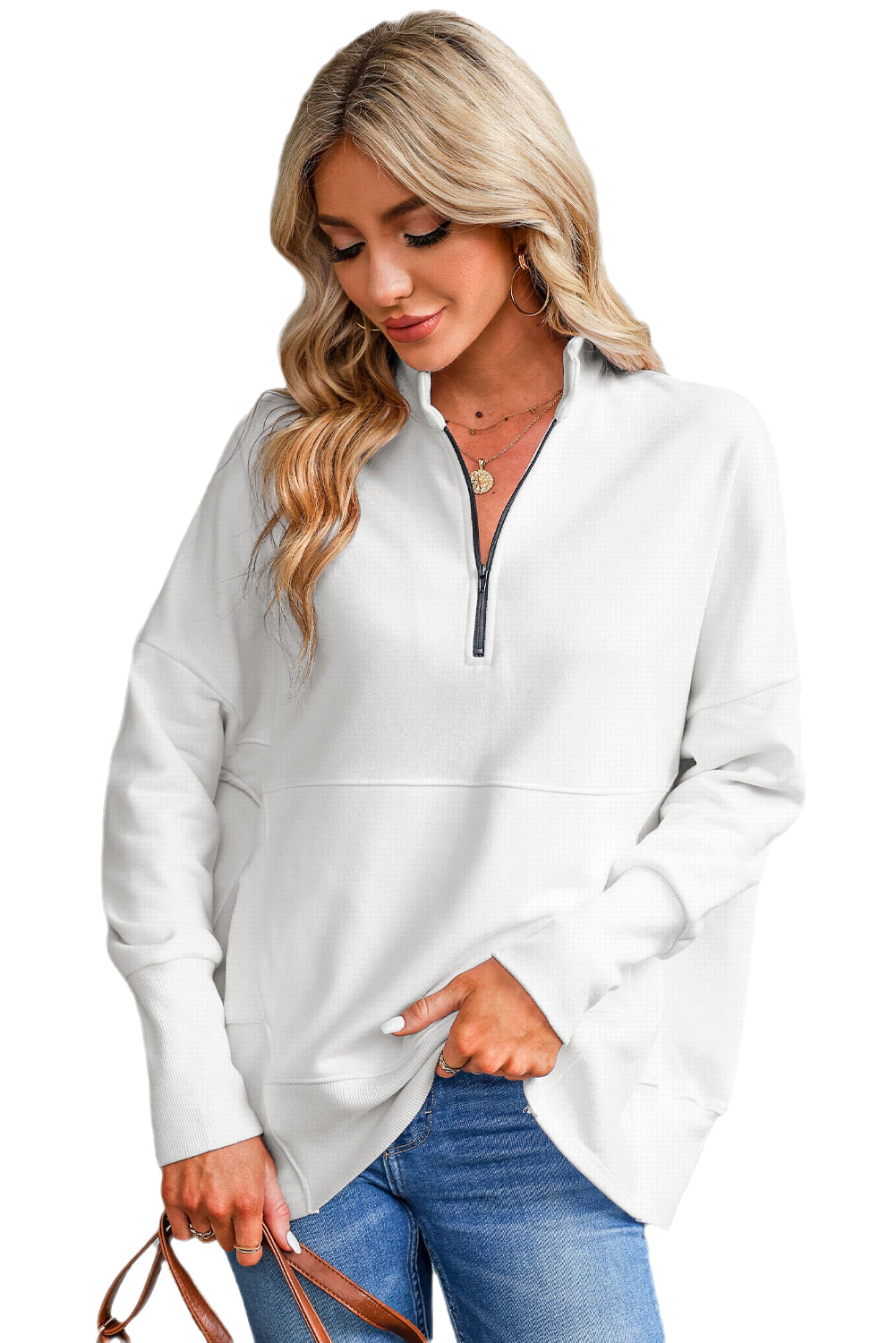 White Oversized Quarter-Zip Pullover Sweatshirt