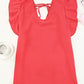 Red Solid V Neck Ruffle Sleeve Loose Top