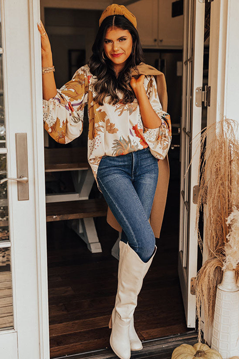 White Boho Floral V Neck Bishop Sleeve Blouse