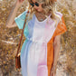 Multicolor Rolled Up Short Sleeve Drawstring Waist Color Block Dress