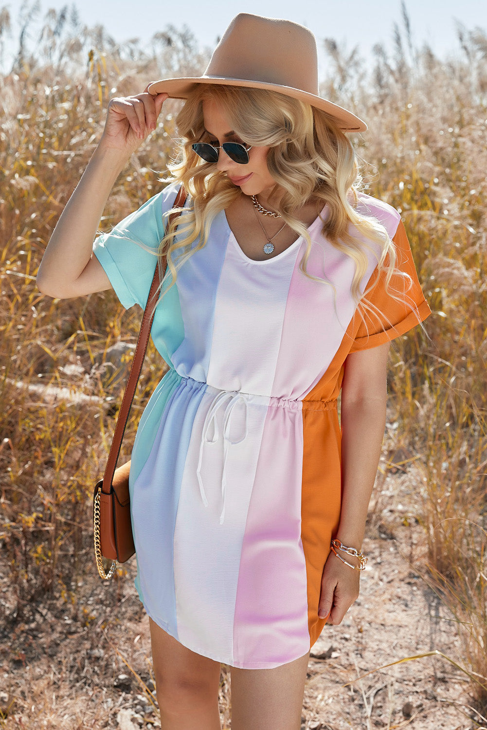 Multicolor Rolled Up Short Sleeve Drawstring Waist Color Block Dress