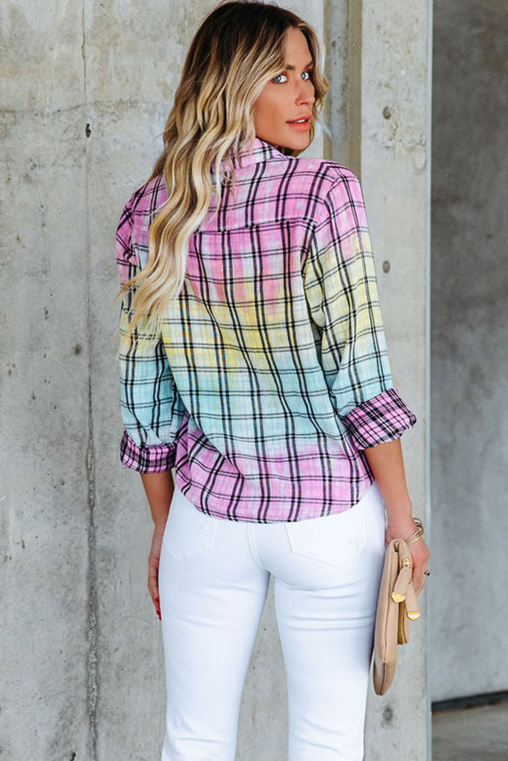 Multicolor Plaid Print Tie Dye Button Up Shirt