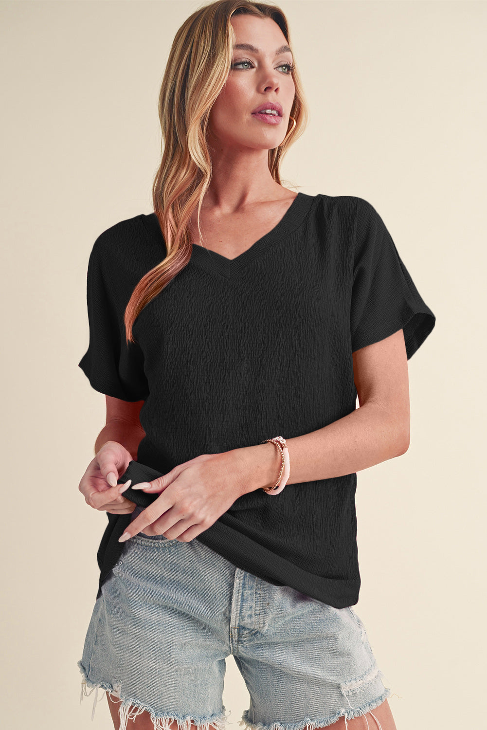 Apricot Plain Crinkled V Neck Short Sleeve Blouse