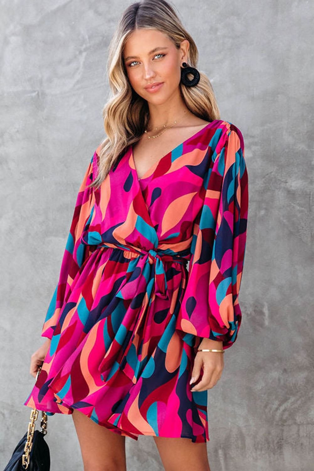 Red Abstract Printed Belted Puff Sleeve Short Dress