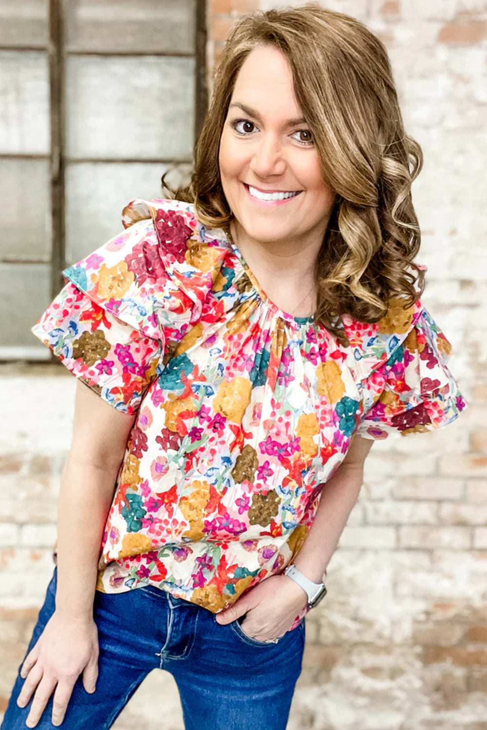 Multicolor Floral Print Layered Ruffle Sleeve Round Neck Blouse