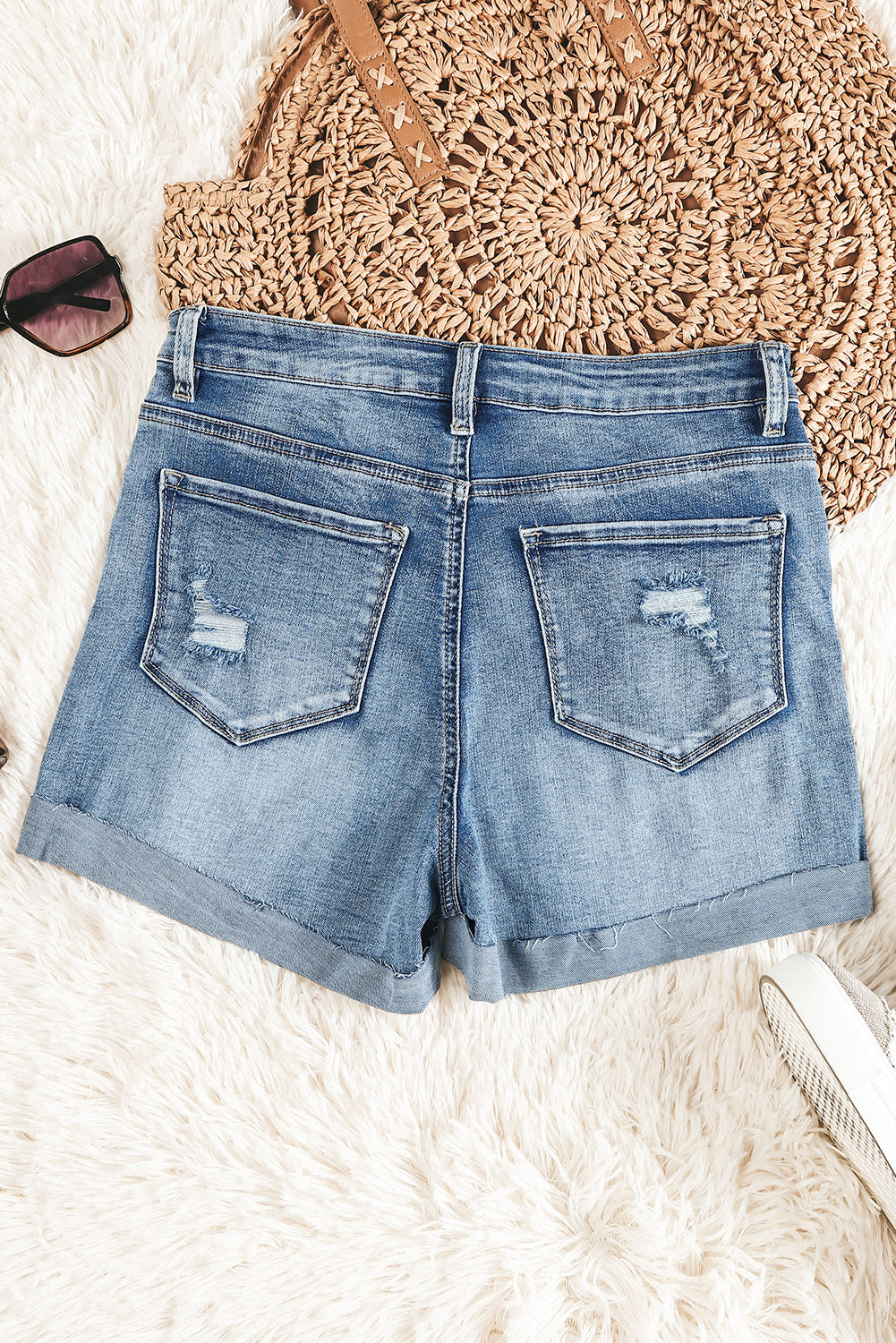 Light Blue Button Fly Distressed High Rise Denim Shorts