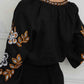 Black Floral Embroidered Sleeve Bohemian V Neck Blouse