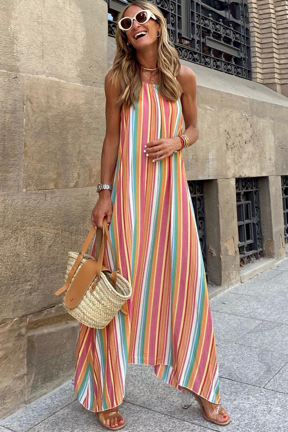 Bohemian Striped Print Colorblock Sleeveless Maxi Dress