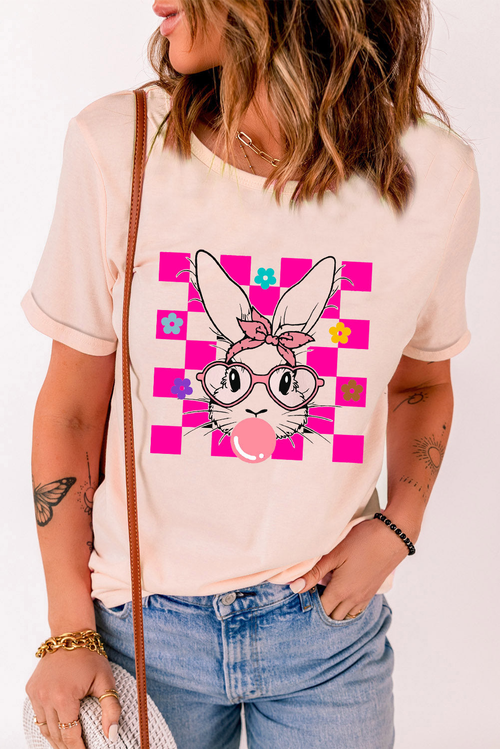 Pink Easter Rabbit Checkered Flower Graphic O Neck T Shirt