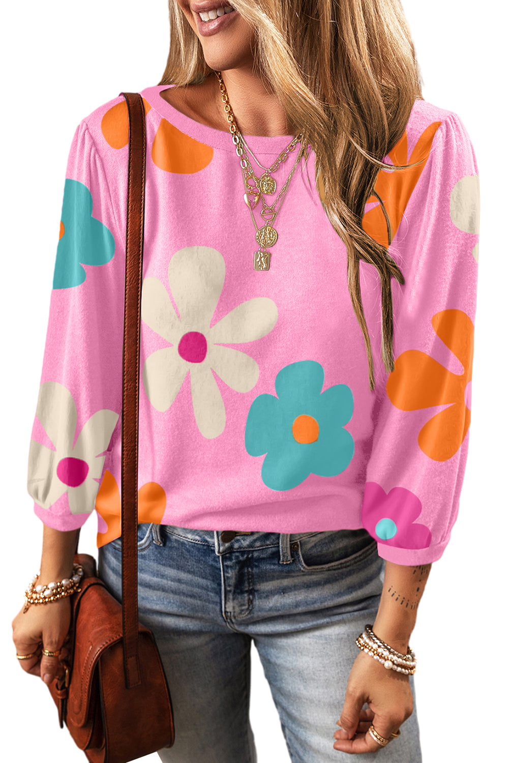 Apricot Flower Print Ruched Bracelet Sleeve Top