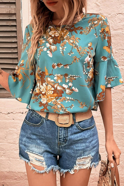 Mineral Blue Floral Print Round Neck Flounce Sleeve Blouse