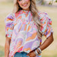 Pink Abstract Print Smocked Bubble Sleeve Blouse