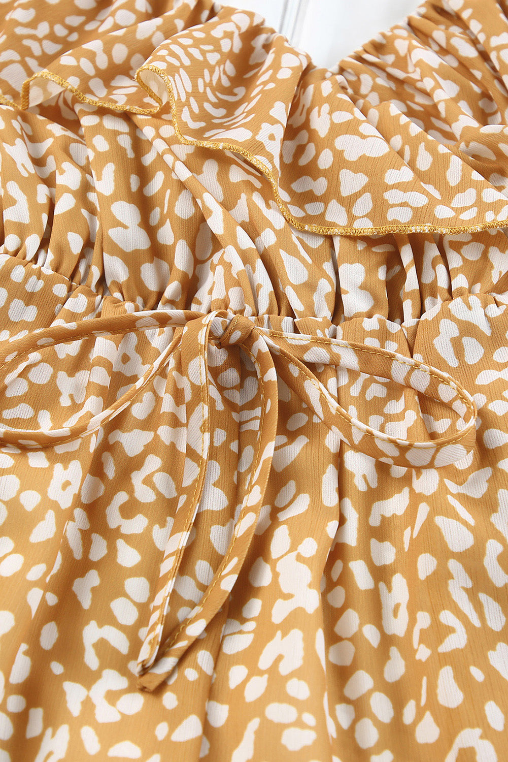 Yellow Leopard Print Drawstring Ruffled Wrap V Neck Jumpsuit