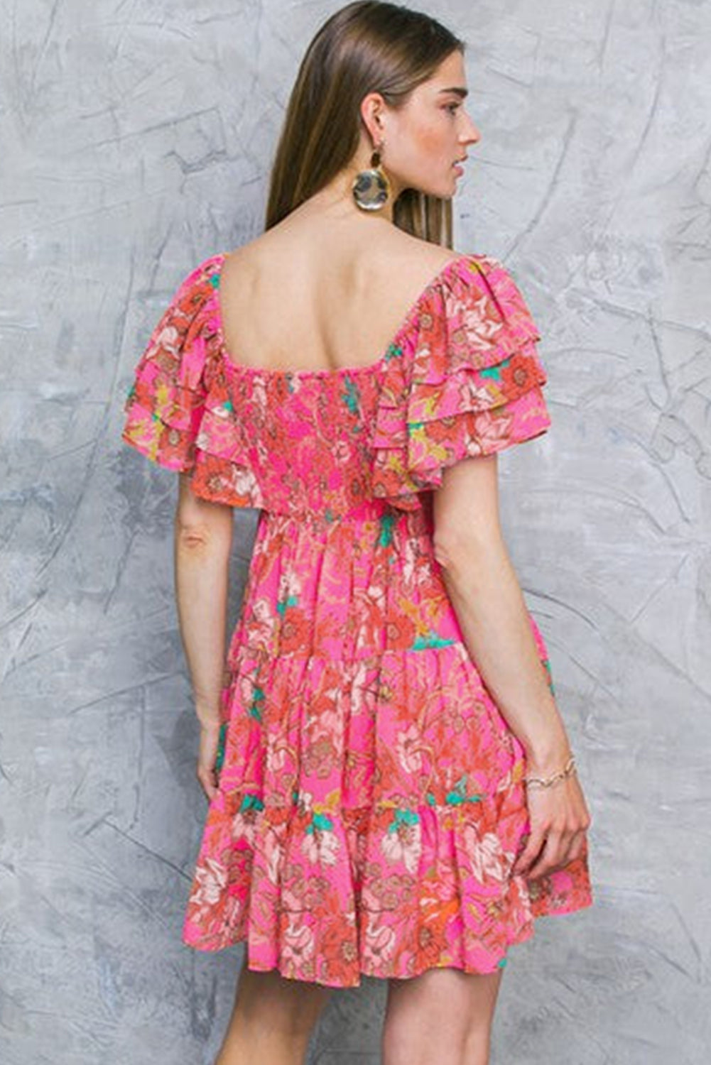 Pink Floral Print Square Neck Ruffle Sleeve Tiered Dress