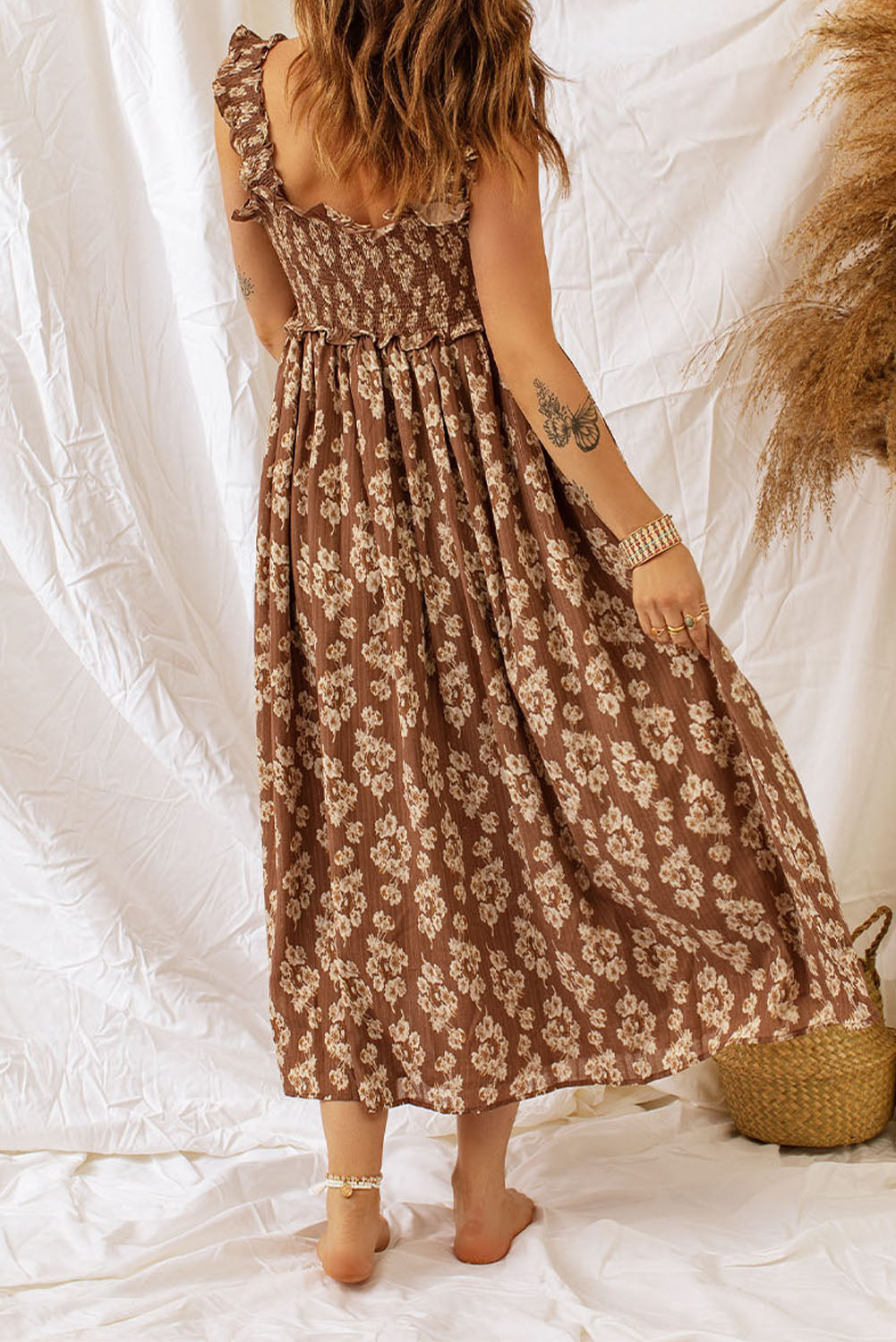 Brown Floral Print Casual Ruffle Straps Smocked Maxi Dress