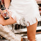 White Fringe Trim Fit Flare Shorts