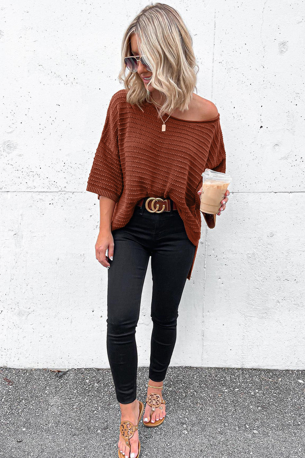 Apricot Casual Solid Rib-Knit Short Sleeve Top