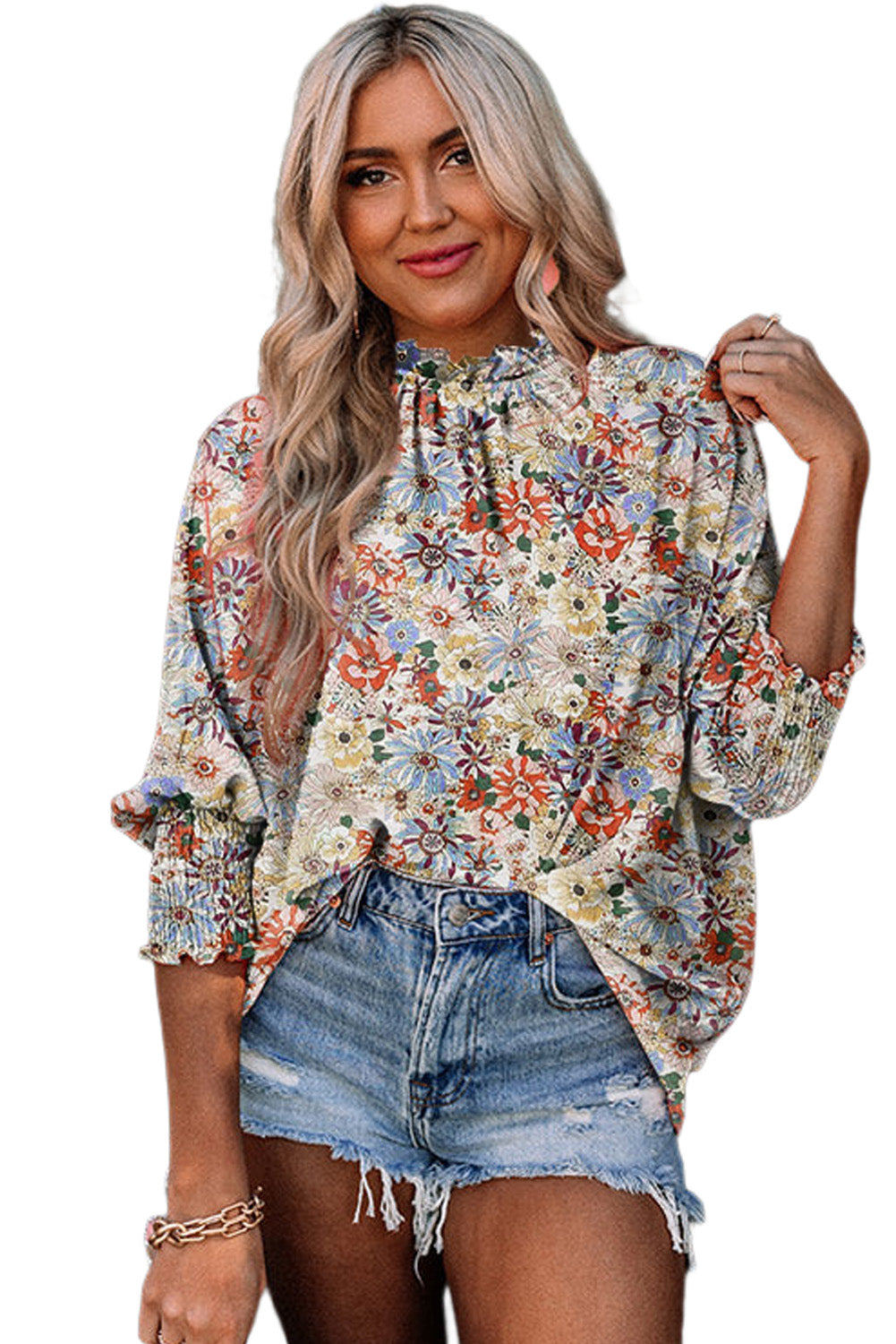 Multicolor Floral Print Shirred Cuffs Frilled Blouse