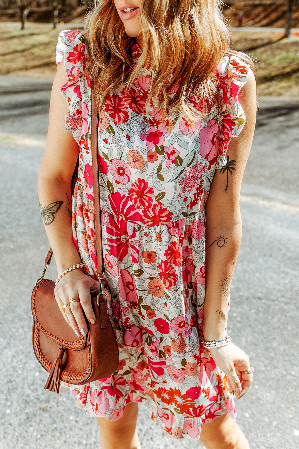 Floral Print Casual Ruffled Sleeveless Tiered Short Dress