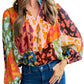 Rose Leopard Color Block Puff Sleeve Crinkle Blouse