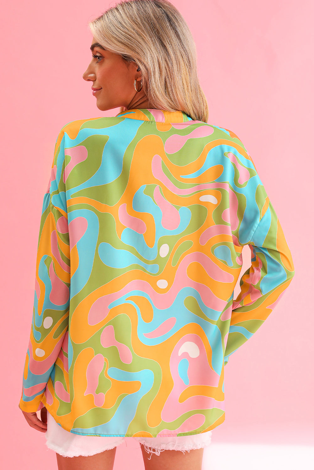Multicolor Abstract Print V-Neck Long Sleeve Blouse