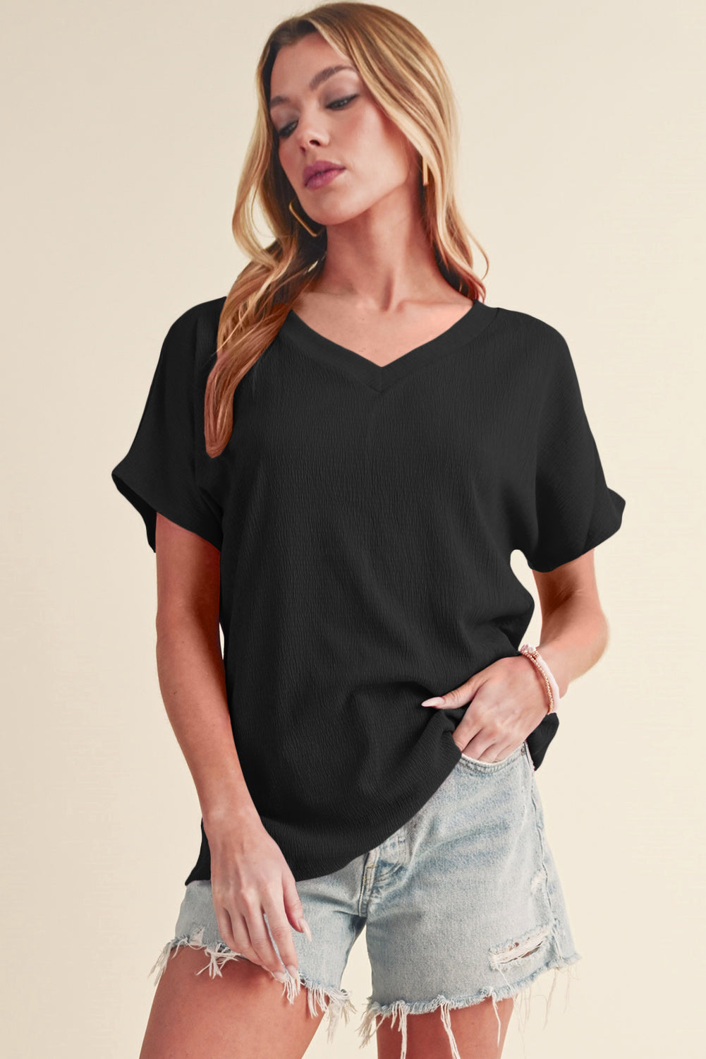 Apricot Plain Crinkled V Neck Short Sleeve Blouse