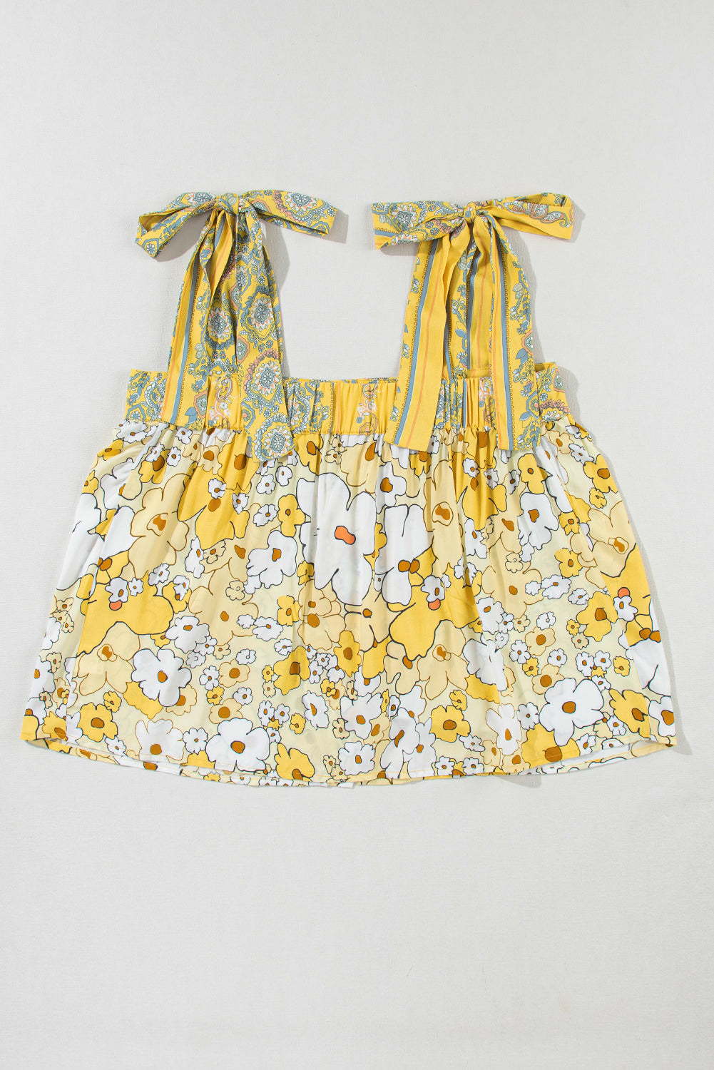 Yellow Floral Patchwork Boho Knot Straps Top