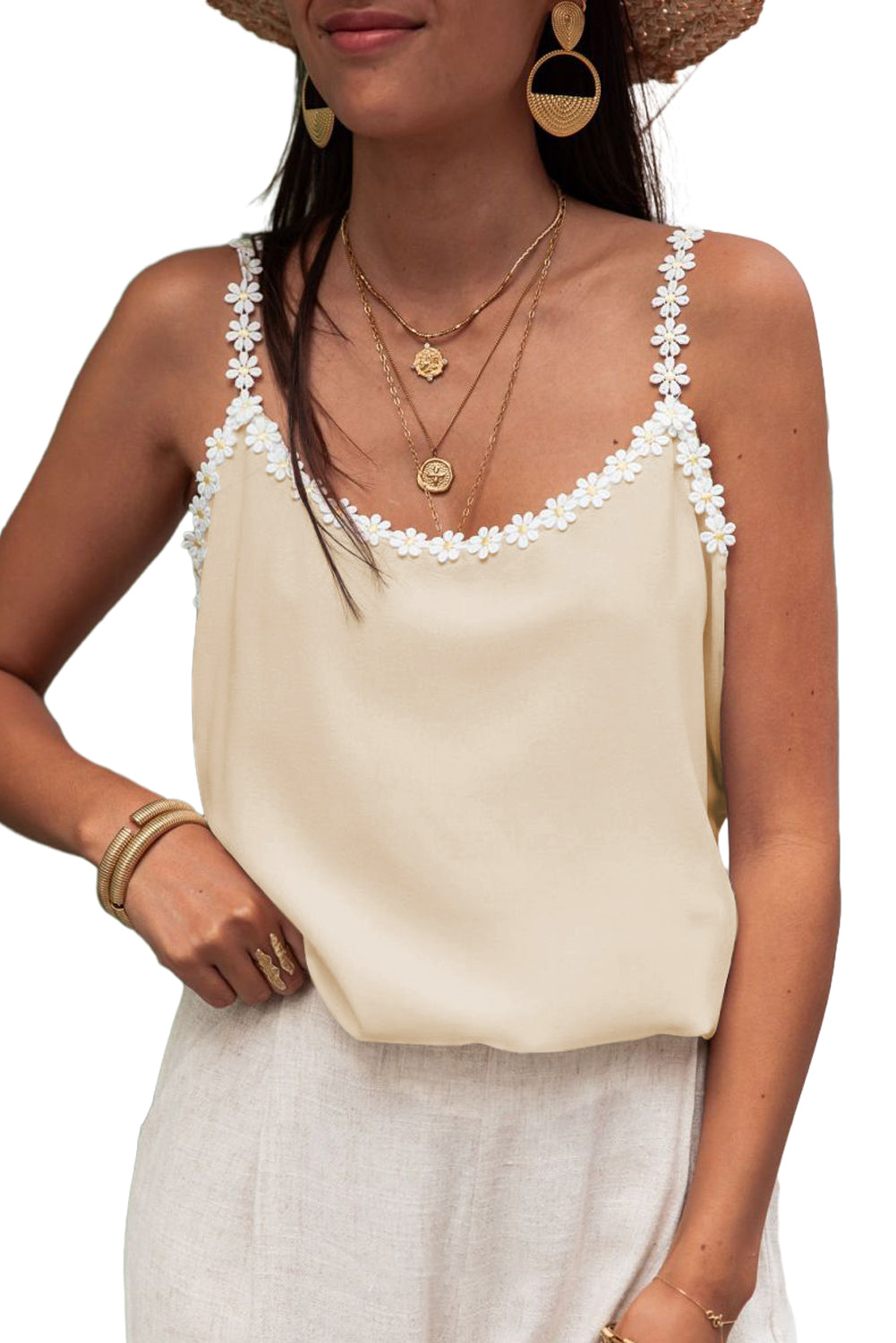 Apricot Solid Daisy Flower Straps Cami Top