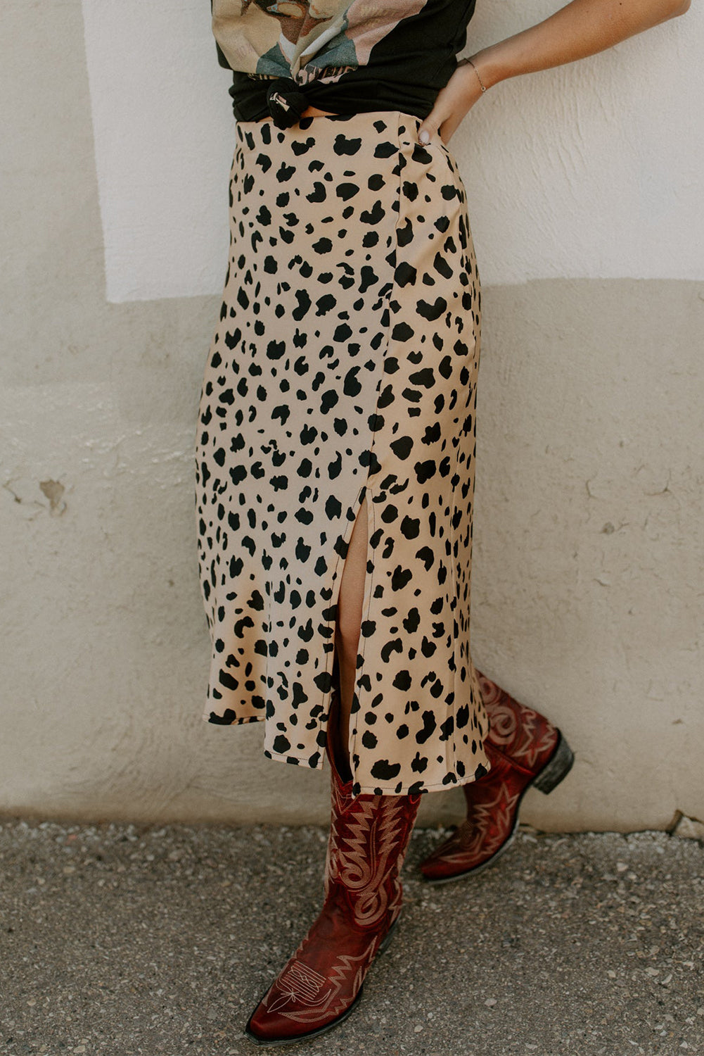 Beige Leopard Spots Print Side Split Midi Skirt