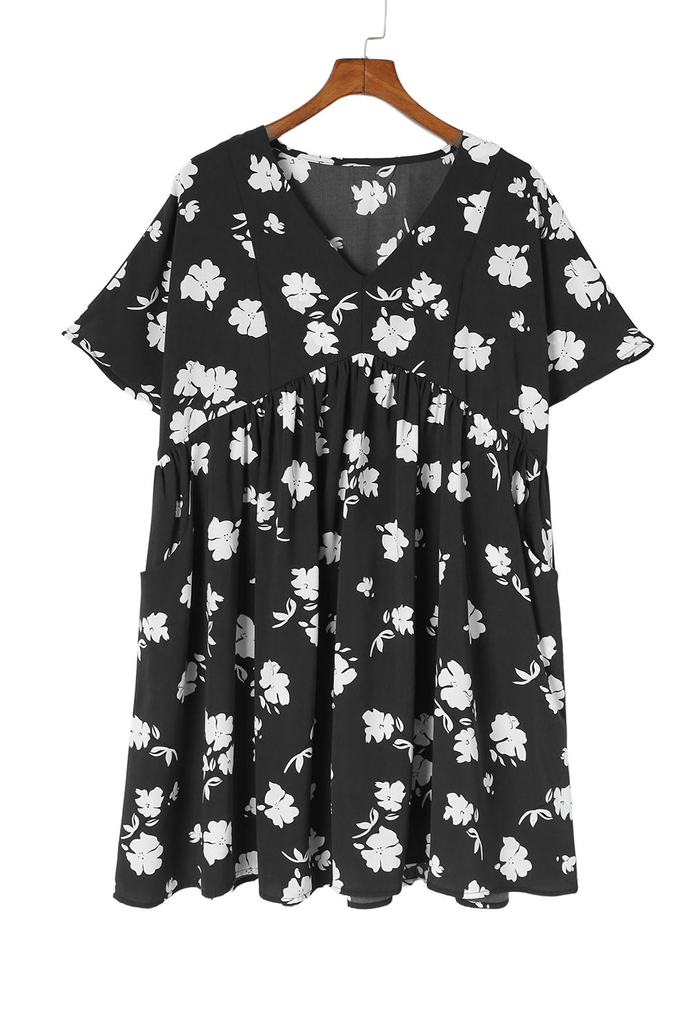 Black Floral Print V Neck Empire Waist Dress With Pockets