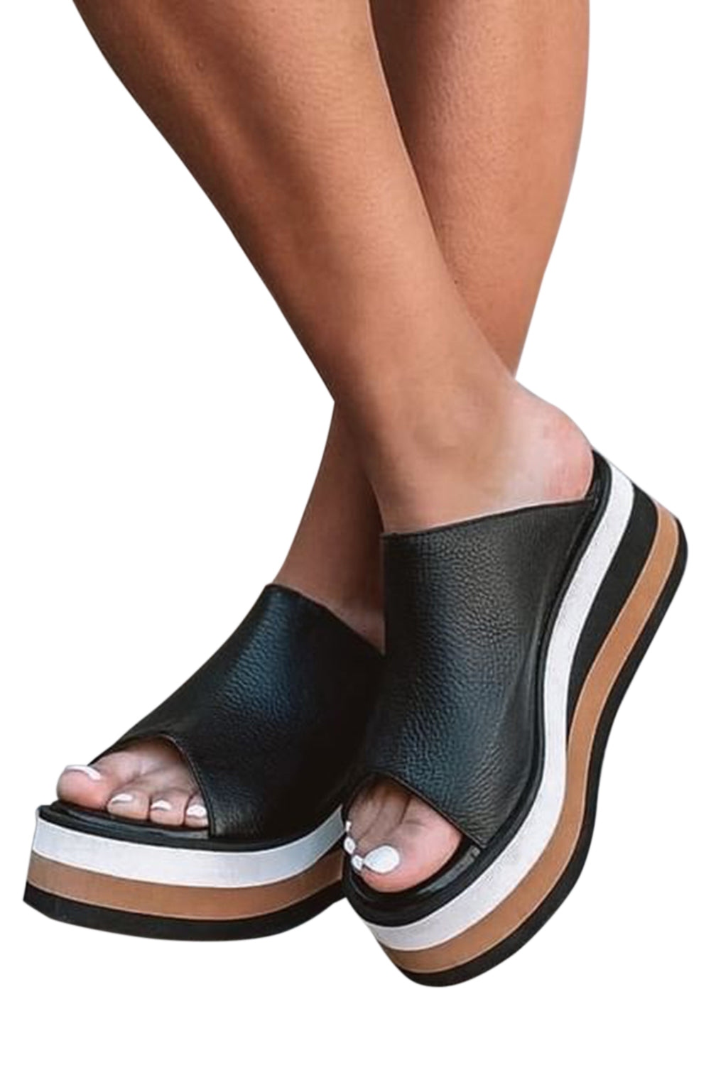 Black Color-Blocking Peep Toe Wedge Heel Sandals